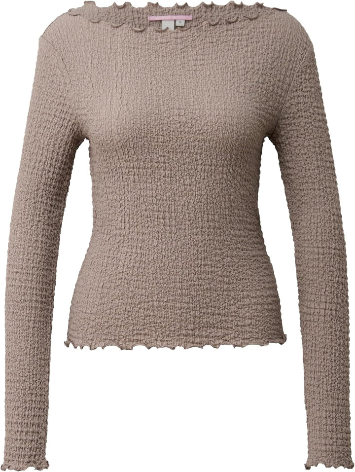 QS Damen Strukturiertes Langarmshirt T-Shirt Langarm XL 9625_hellbraun, XL 9625_hellbraun