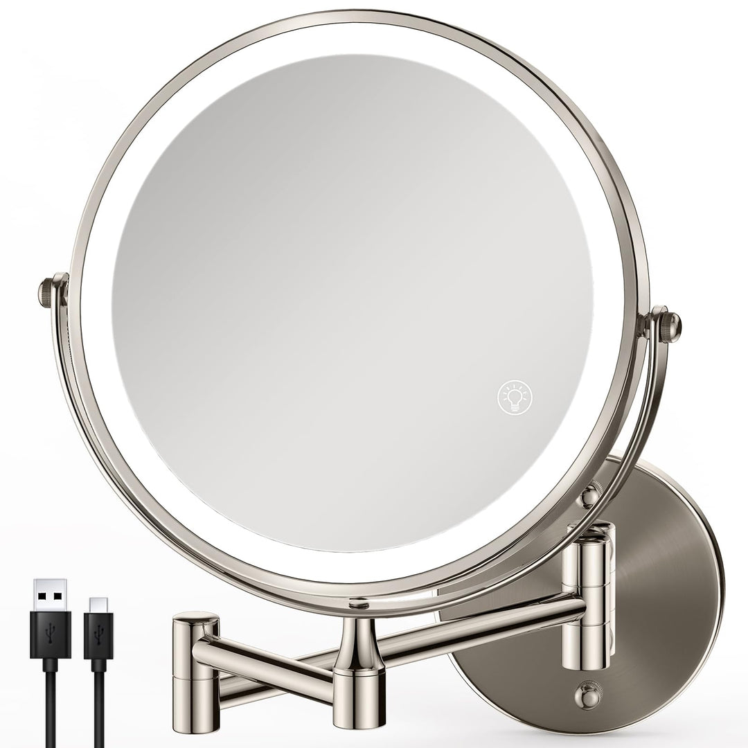 Aufladbarer Wandmontiertes Make-up Spiegel in gepoliertem Nickel, mit Beleuchtung, zweiseitig 1X/10X