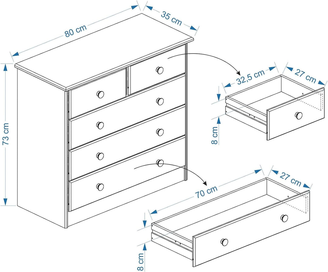 IDIMEX Kommode Rondo, schöne Anrichte mit 5 Schubladen, praktisches Sideboard aus massiver Kiefer in