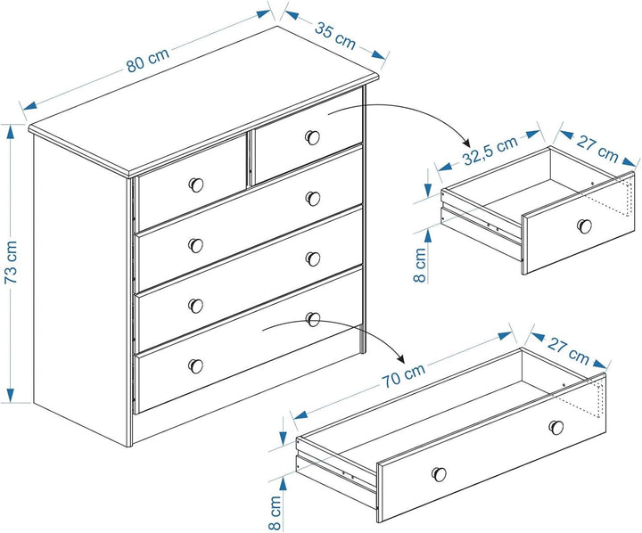 IDIMEX Kommode, schöne Anrichte mit 5 Schubladen, praktisches Sideboard aus massiver Kiefer in weiss