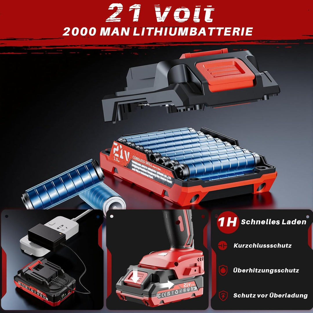 Akkuschrauber, 21V Akku Bohrschrauber mit Akku 2000mAh 45Nm Drehmoment Max 25+3 Drehmomentstufen (2-