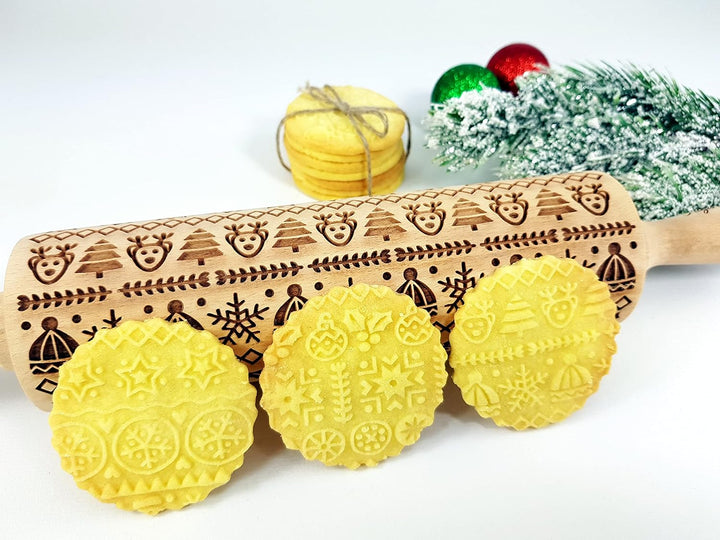 WINTER Nudelholz mit Muster Weihnachten Backen - Teigroller Holz für DIY Weihnachten Plätzchen und K