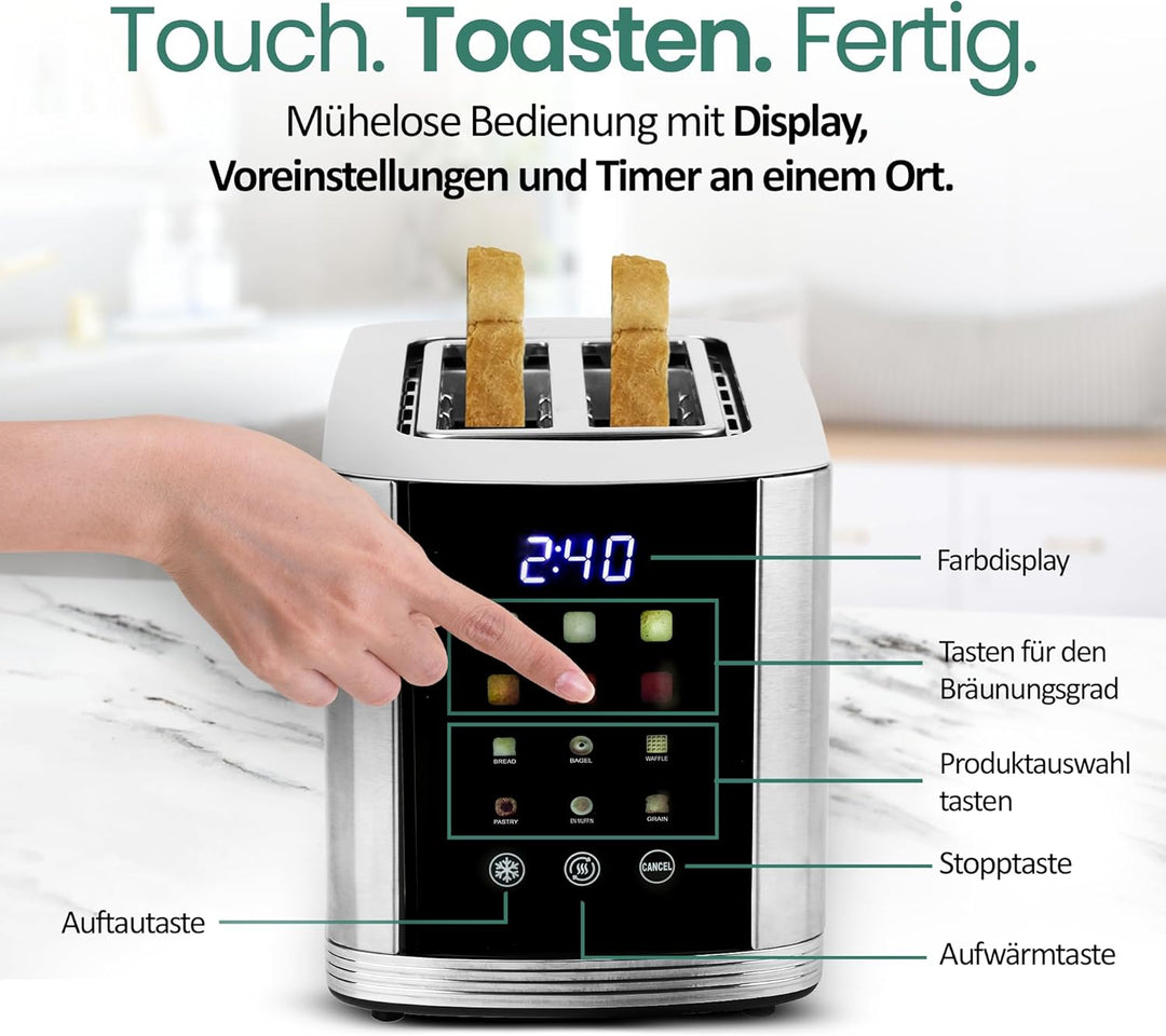 EMERIO Edelstahl Toaster mit grossem FARB Display | Touch | 2 Toastschlitze | Zentrierautomatik | Kr