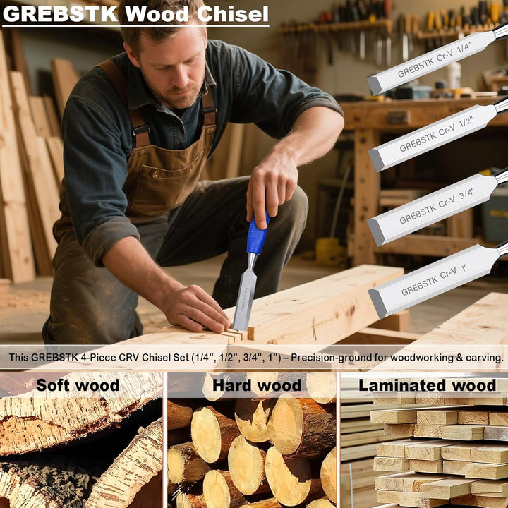 GREBSTK 4 tlg. Stechbeitel Satz für professionelle Holzarbeiten Extra grosse Beitel aus CRV-Stahl mi