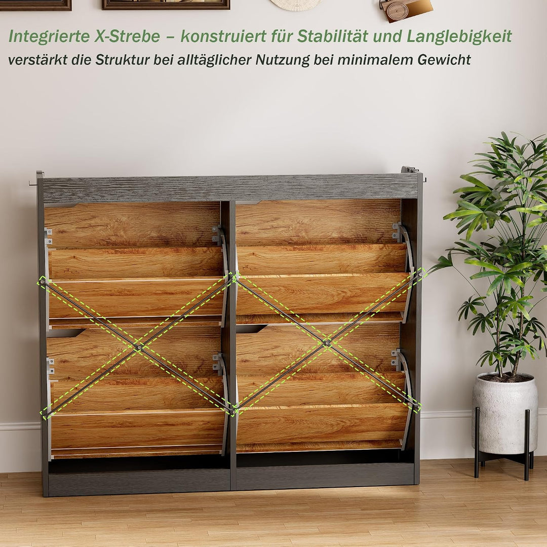 Schuhschrank Schmal mit 4 Klappen, Platzsparender Schuhkipper Holz Schuhkommode Schuhregal mit 4 Abl
