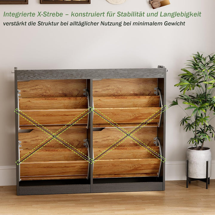 Schuhschrank Schmal mit 4 Klappen, Platzsparender Schuhkipper Holz Schuhkommode Schuhregal mit 4 Abl