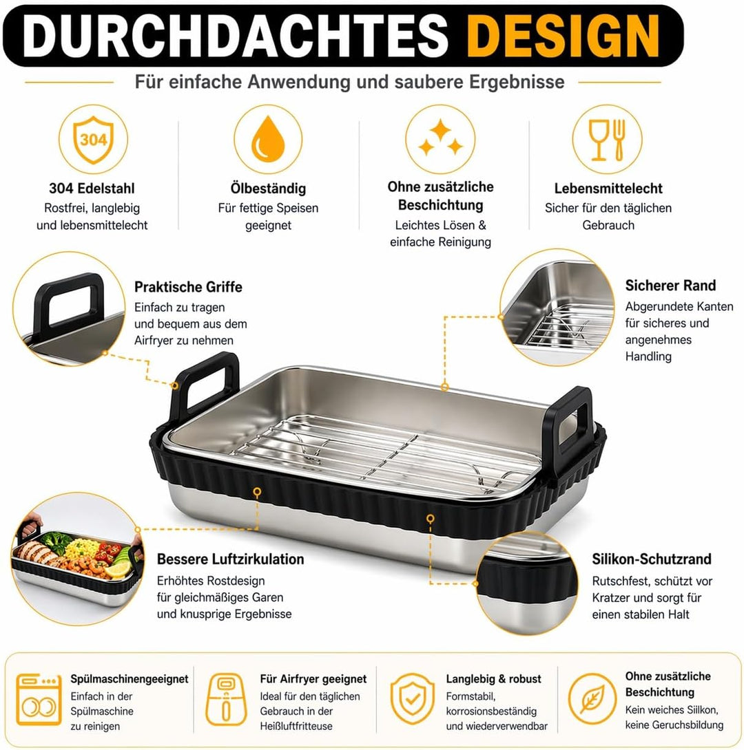 3-tlg. Edelstahl Auflaufform Airfryer Zubehör für Ninja Dual Zone & FlexDrawer AF400EU AF451EU AF500
