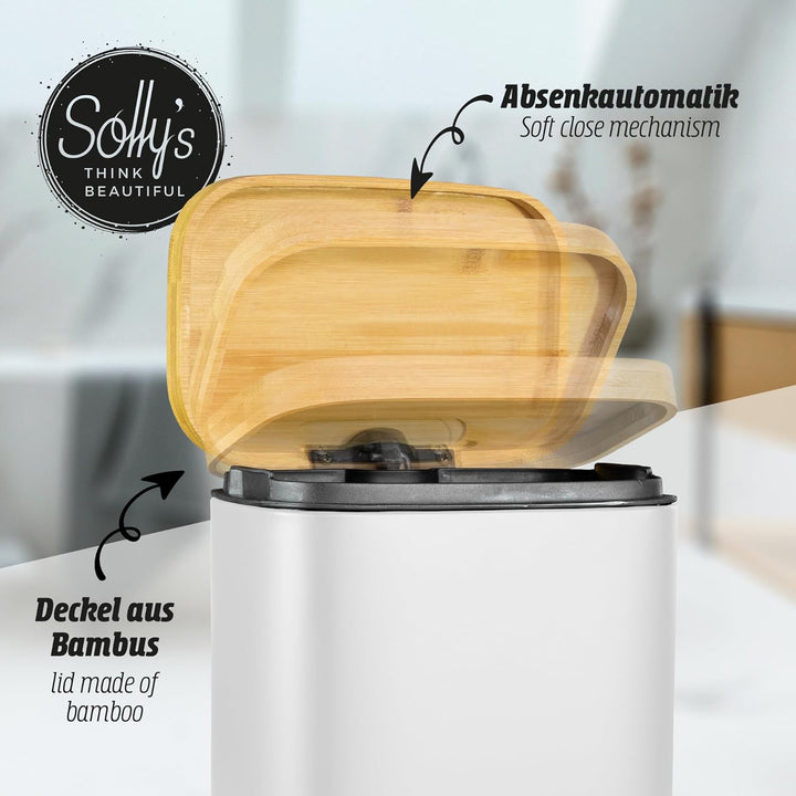 Solly´s 5L Kosmetikeimer mit Bambus Deckel, Bad Treteimer mit Absenkautomatik, pulverbeschichtet, ru
