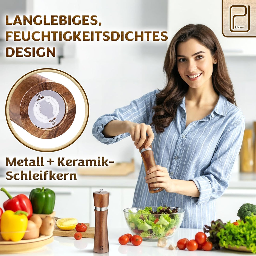 Salz- und Pfeffermühlen Set aus Akazienholz mit Tablett - 60 g pro Stück - Hohe Nachfüllbare Manuell