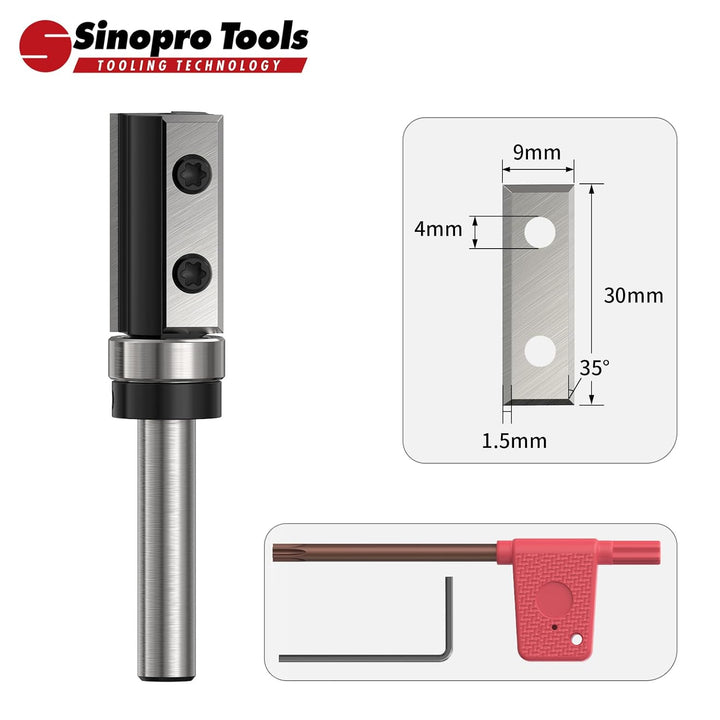 Sinoprotools Wendeplatten Bündigfräser HW – 8 mm Schaft, 16 mm Schneidendurchmesser, 30 mm Schneiden