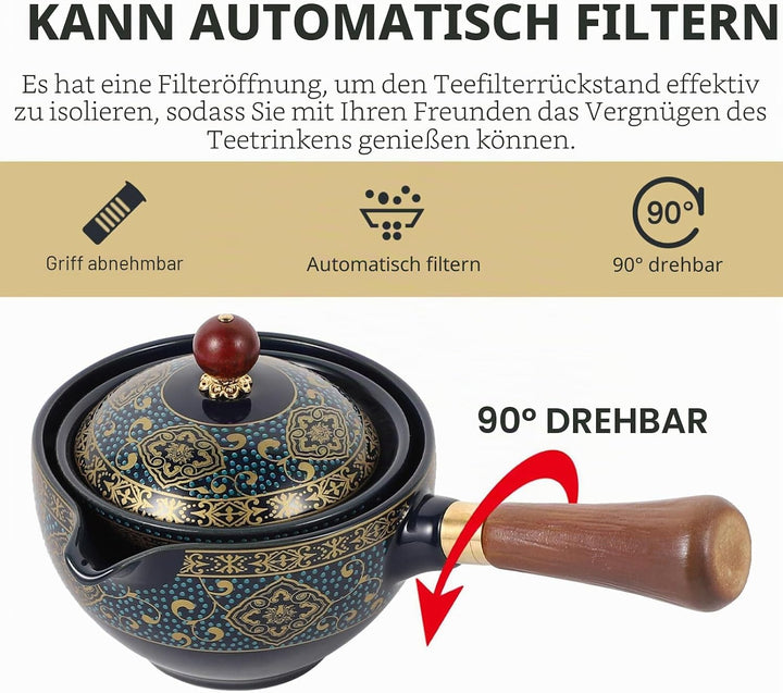 Lurrose Keramik Teekanne mit Seitengriff Porzellan Teebereiter 360 Grad Drehung Fu Teekanne Teespend