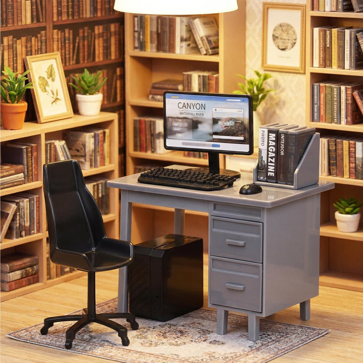 2 Sets Miniatur-puppenhausmöbel, Computer-schreibtischzubehör, Massstab 1:12, Mini-bürotisch, Stuhl,