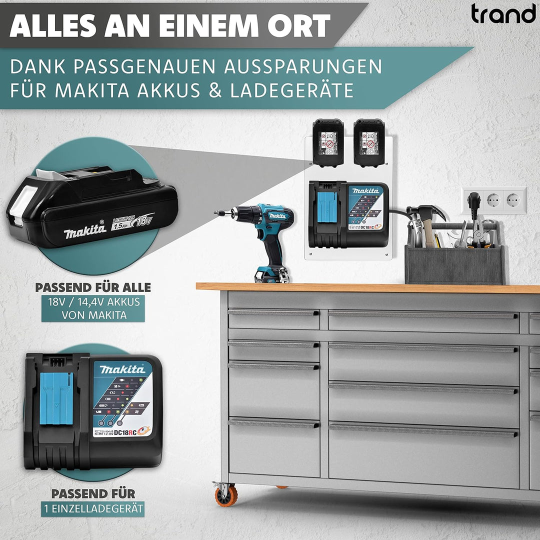 trand Wandhalterung für Makita Akku &amp; Ladegerät I Akkuhalter 18v/14,4v Makita inkl. Montagematerial