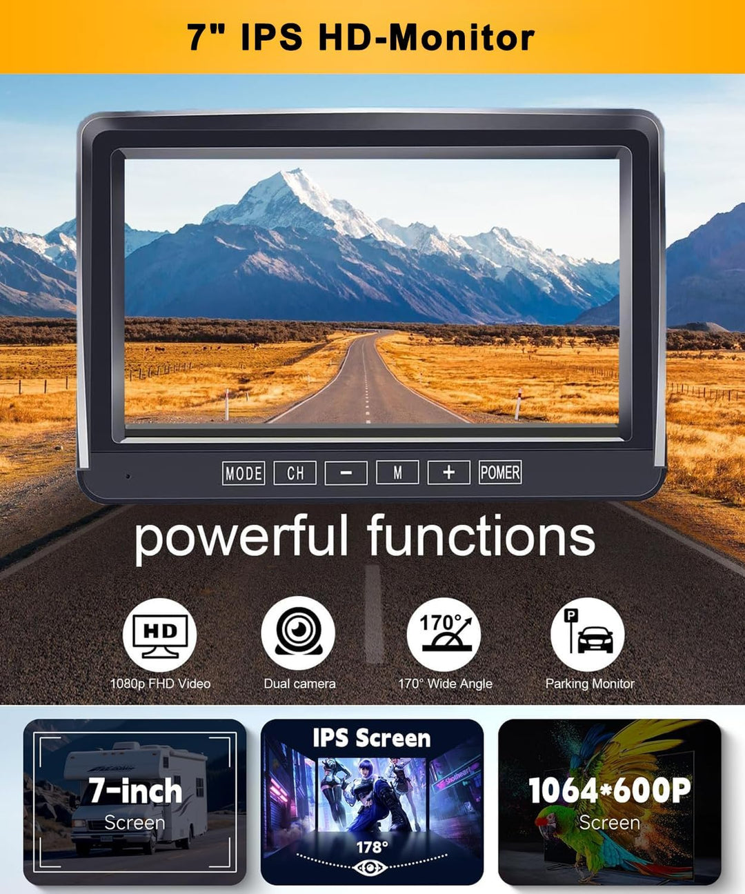 Rückfahrkamera-Set mit 7"-LCD-1080P Monitor &amp; 170° Weitwinkel- Rückfahrkamera, IP69 wasserdicht, Nac