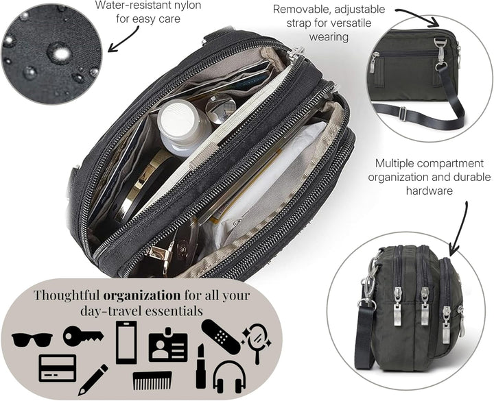 Baggallini Triple Zip Mini Sac bandoulière, Gris Charcoal, Charcoal