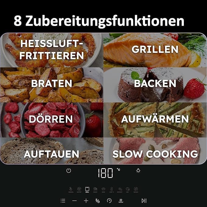 Haier Heissluftfritteuse 7L mit 360° Glas-Sichtfenster I 8-in-1: Frittieren, Grillen, Braten, Backen