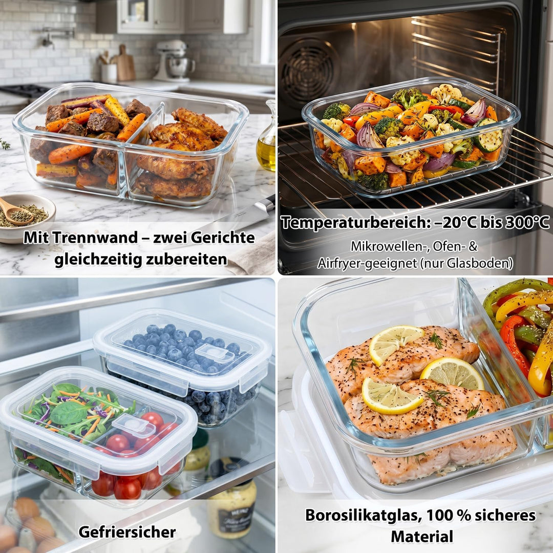BYKITCHEN 2 Stück Glas Auflaufform für Airfryer mit Deckel & Silikon Ofenhandschuhe, Airfryer Zubehö