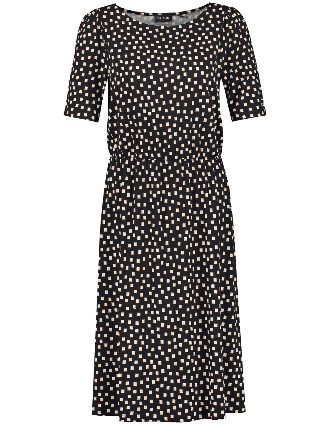Taifun Damen Jerseykleid mit grafischem Allover-Print halber Arm Gemustert knieumspielend 34 Schwarz