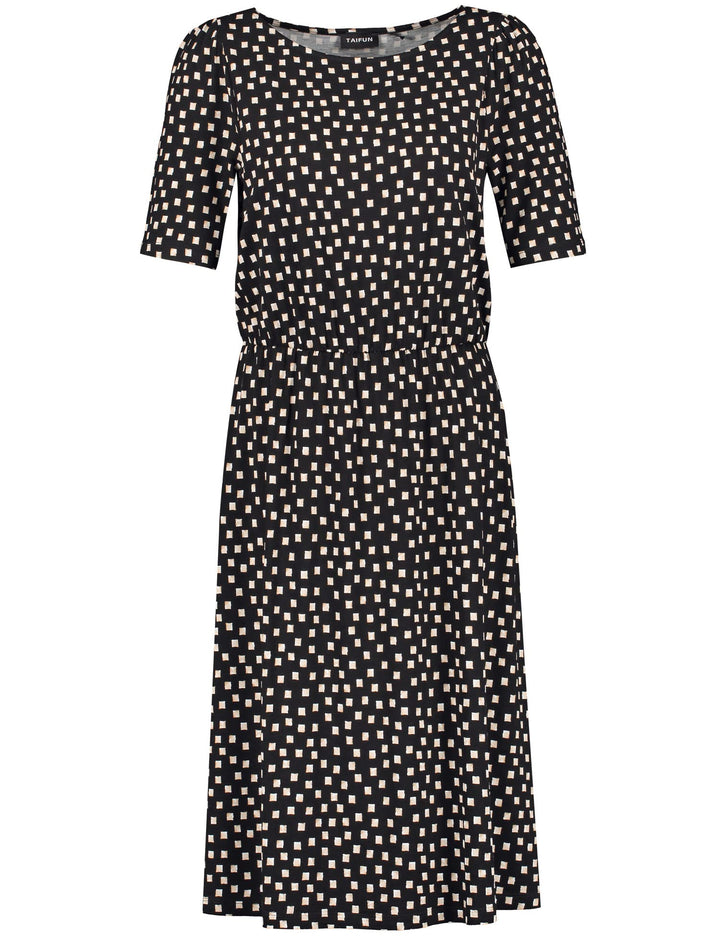 Taifun Damen Jerseykleid mit grafischem Allover-Print halber Arm Gemustert knieumspielend 34 Schwarz