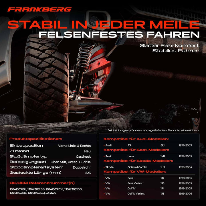 Frankberg 2x Stossdämpfer Gasdruck Vorderachse Kompatibel mit A3 8L1 1996-2003 Leon 1M1 1999-2005 B.