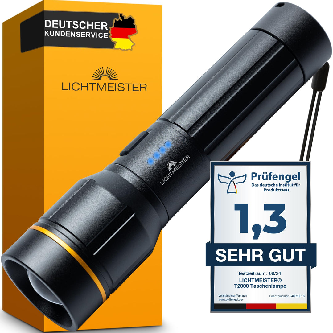 LICHTMEISTER® Taschenlampe (2000 Lumen, 5000 mAh Akku) - Taschenlampe LED aufladbar - LED Taschenlam