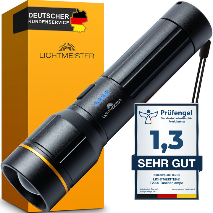 LICHTMEISTER® Taschenlampe (2000 Lumen, 5000 mAh Akku) - Taschenlampe LED aufladbar - LED Taschenlam