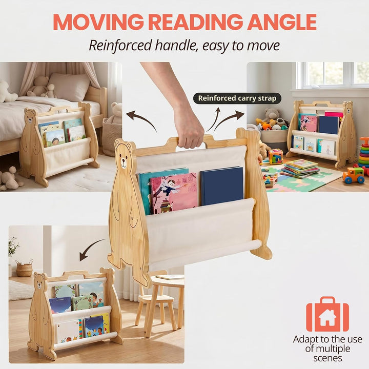 Montessori Bücherregal Kinder, Doppelseitiges Holzregal mit Tragegriff | Tragbares Holz Montessori B