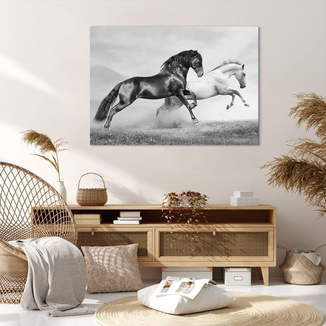 Bilder auf Leinwand 100x70cm Leinwandbild Pferde Tiere Galopp Wiese Gross Wanddeko Bild Schlafzimmer