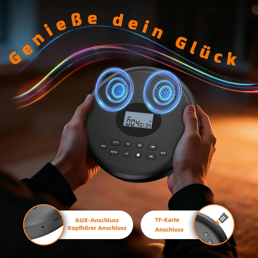 Arafuna Tragbarer CD-Player, CD Player Bluetooth Mit wiederaufladbarem Akku/Lautsprechern/Kopfhörern