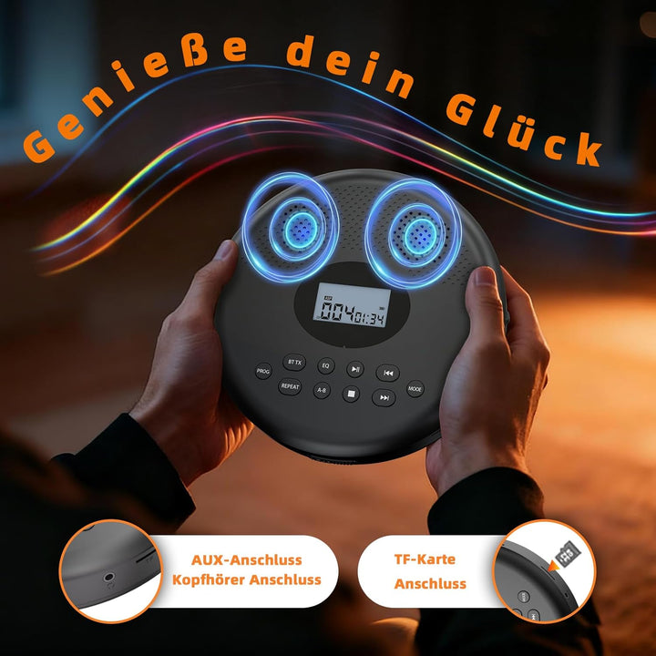 Arafuna Tragbarer CD-Player, CD Player Bluetooth Mit wiederaufladbarem Akku/Lautsprechern/Kopfhörern