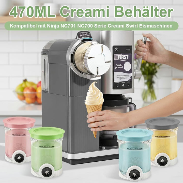 4er Pack Ersatz-Eisbehälter für Ninja Swirl, 470ml Pint-Becher mit farbigen Deckeln, Auslaufsicher &