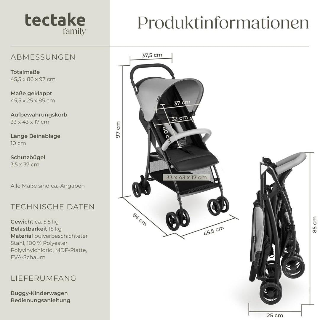 tectake® Kinderwagen Buggy mit Verdeck, Buggy klein zusammenklappbar, Reisebuggy, Babykinderwagen, K