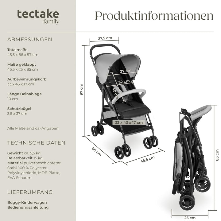tectake® Kinderwagen Buggy mit Verdeck, Buggy klein zusammenklappbar, Reisebuggy, Babykinderwagen, K