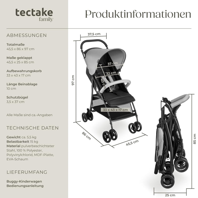 tectake® Kinderwagen Buggy mit Verdeck, Buggy klein zusammenklappbar, Reisebuggy, Babykinderwagen, B