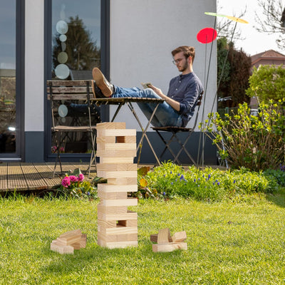 Relaxdays Wackelturm XL, Holzturm Spiel Garten, mit Tasche, 54 Steine, Riesenwackelturm HBT: 63 x 16