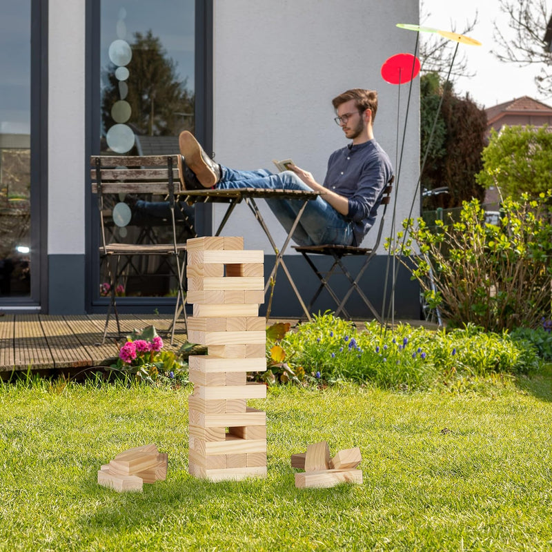 Relaxdays Wackelturm XL, Holzturm Spiel Garten, mit Tasche, 54 Steine, Riesenwackelturm HBT: 63 x 16