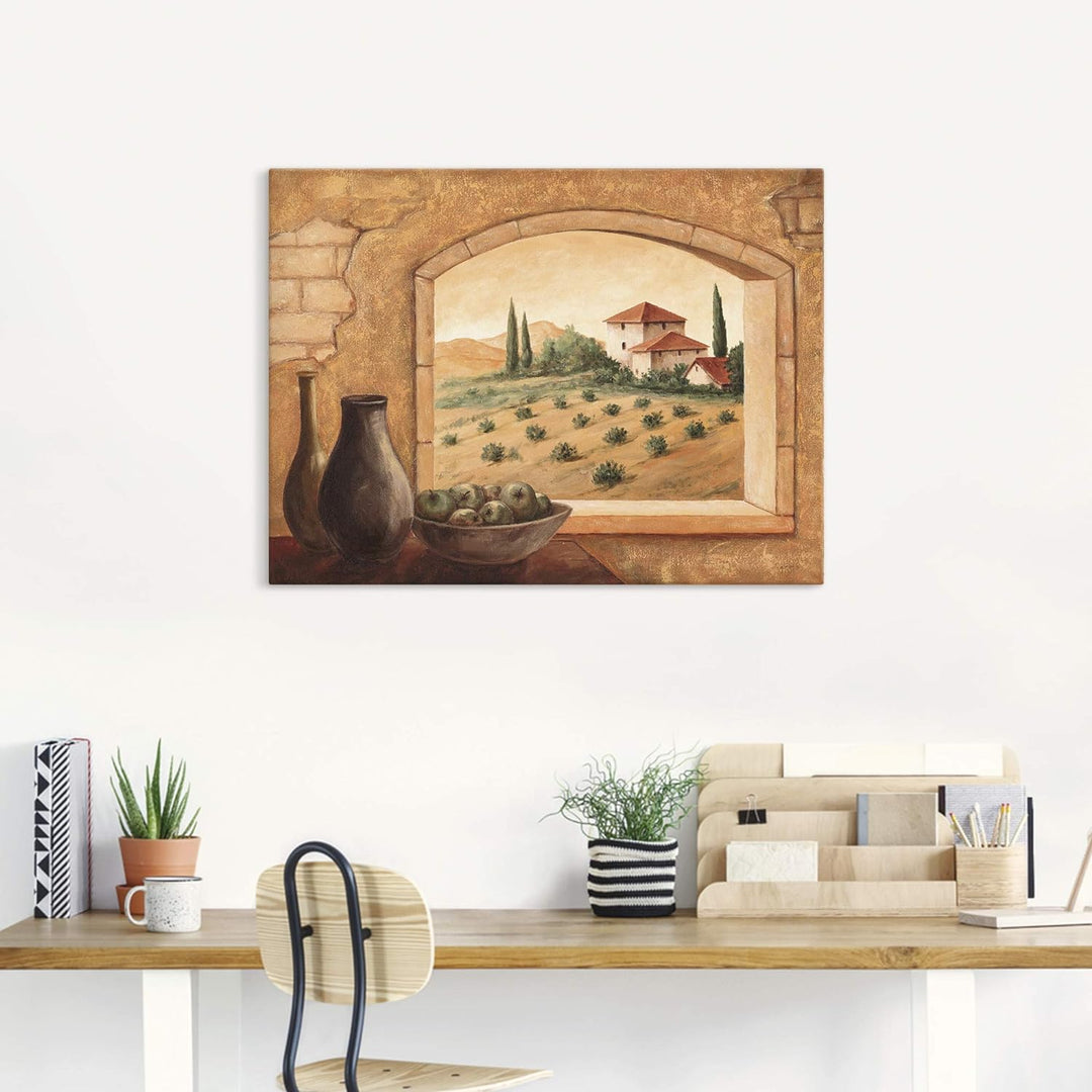 Artland Leinwandbild Wandbild Bild auf Leinwand 60x45 cm Wanddeko Fensterblick Fenster Toskana Lands