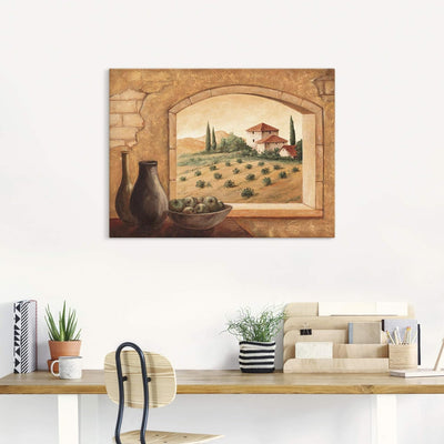 Artland Leinwandbild Wandbild Bild auf Leinwand 80x60 cm Wanddeko Fensterblick Fenster Toskana Lands