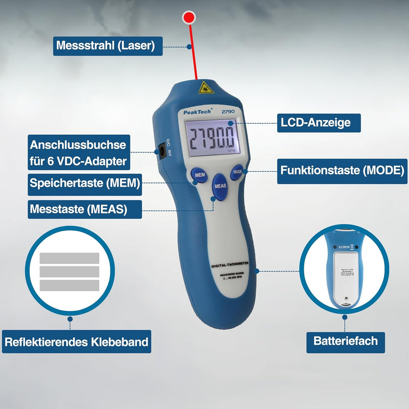 Drehzahlmessgerät/Tachometer,P 2790,mit AA8Laser 2bis 100 RPM,berührungslos