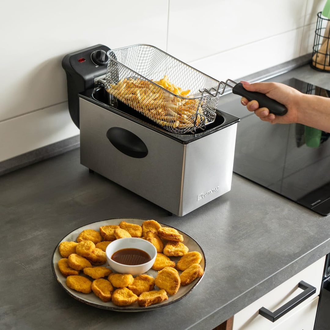 Clatronic FR 3586 Edelstahl-Fritteuse 2,5L Perfekt für Pommes Frittes u. Nuggets, geruchsarmes fritt