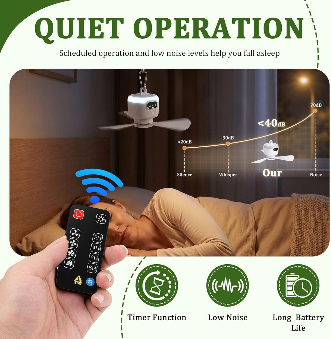 Mini Deckenventilator mit Beleuchtung und Fernbedienung für Camping | Wiederaufladbar 8000mAh Campin