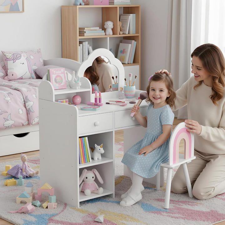 Clevich Schminktisch Kinder Set, 2 in 1 Kinderschminktisch mit Spiegel, 2 Schubladen, Schliessfächer