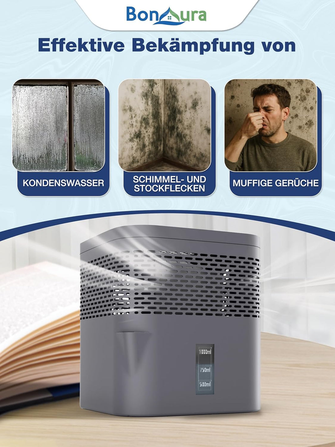 BonAura® Luftentfeuchter ohne Strom - Raumentfeuchter für Keller, Bad uvm. - 450g Luftenfeuchter Nac