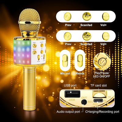 ShinePick Kabelloses Karaoke-Mikrofon, Bluetooth, tragbar, mit LED-Licht, Disco für Kinder/Erwachsen