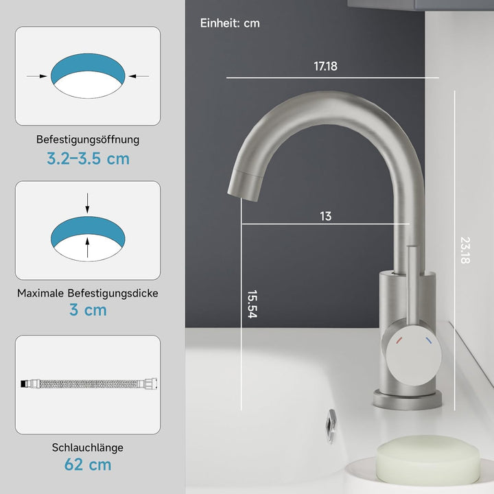 Wasserhahn Bad Gebürstet Nickel, Wasserhahn Küche Edelstahl, 360° Drehbar Waschtischarmatur Hoch, Ei