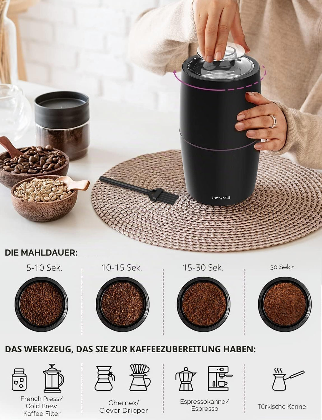 KYG Kaffeemühle Elektrisch 300W Motor 70g Fassungsvermögen Elektrische Propellermühlen Sicherheitssc