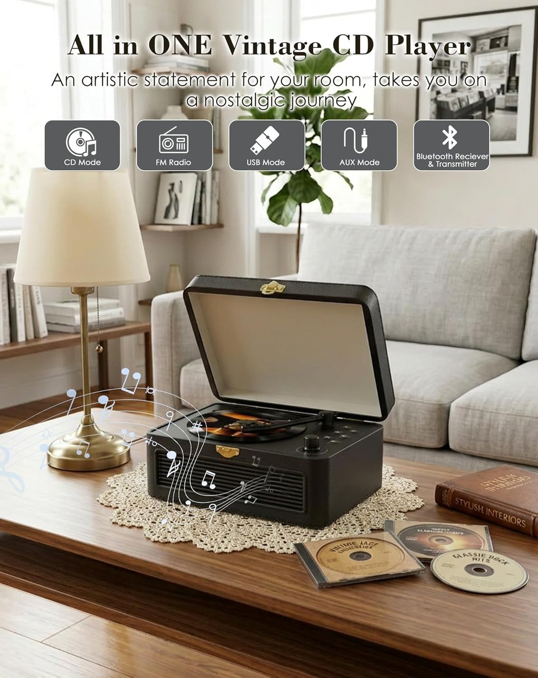 Tragbar CD Player Bluetooth Retro Radio mit CD-Player mit Lautsprecher Unterstützung USB & AUX-Wiede