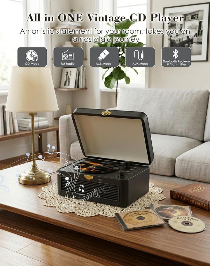Tragbar CD Player Bluetooth Retro Radio mit CD-Player mit Lautsprecher Unterstützung USB & AUX-Wiede