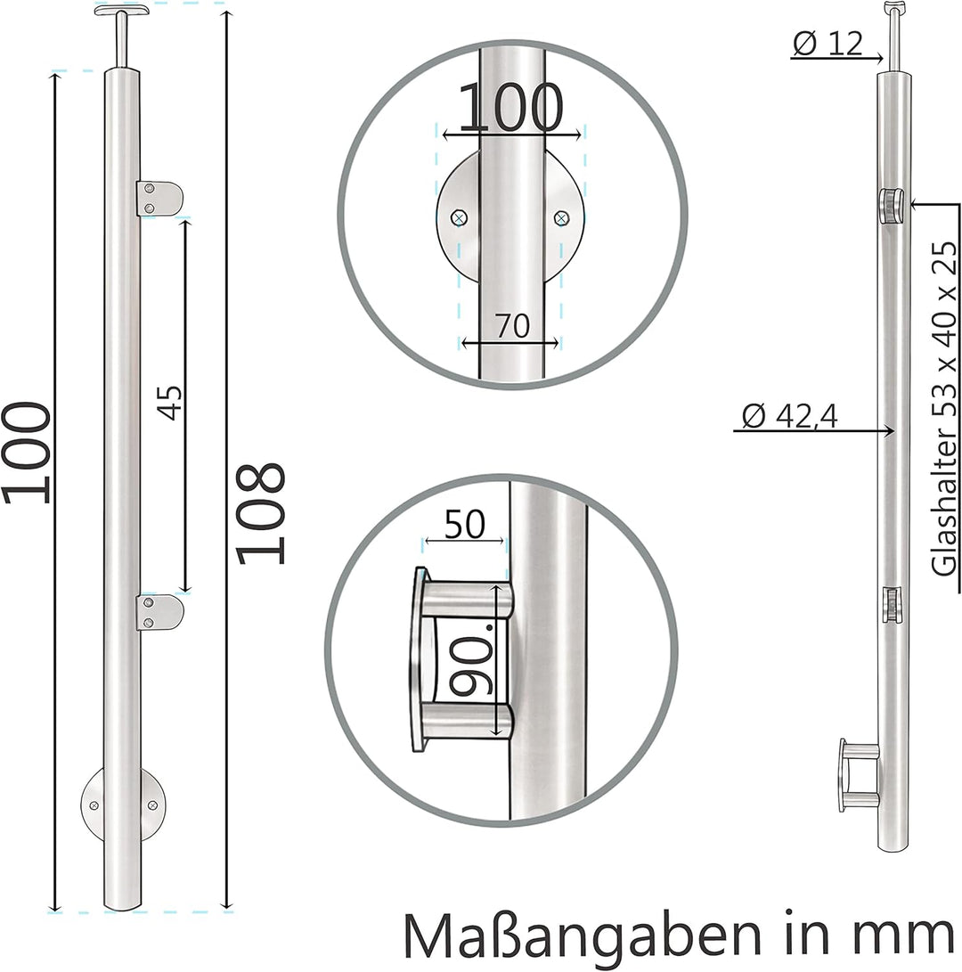 Edelstahl Geländerpfosten Mittel- oder Endpfosten mit Glashalter und Handlauf-Träger - 42,4mm - Wang