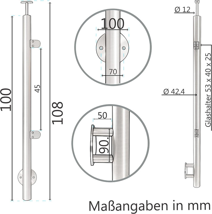 Edelstahl Geländerpfosten Mittel- oder Endpfosten mit Glashalter und Handlauf-Träger - 42,4mm - Wang